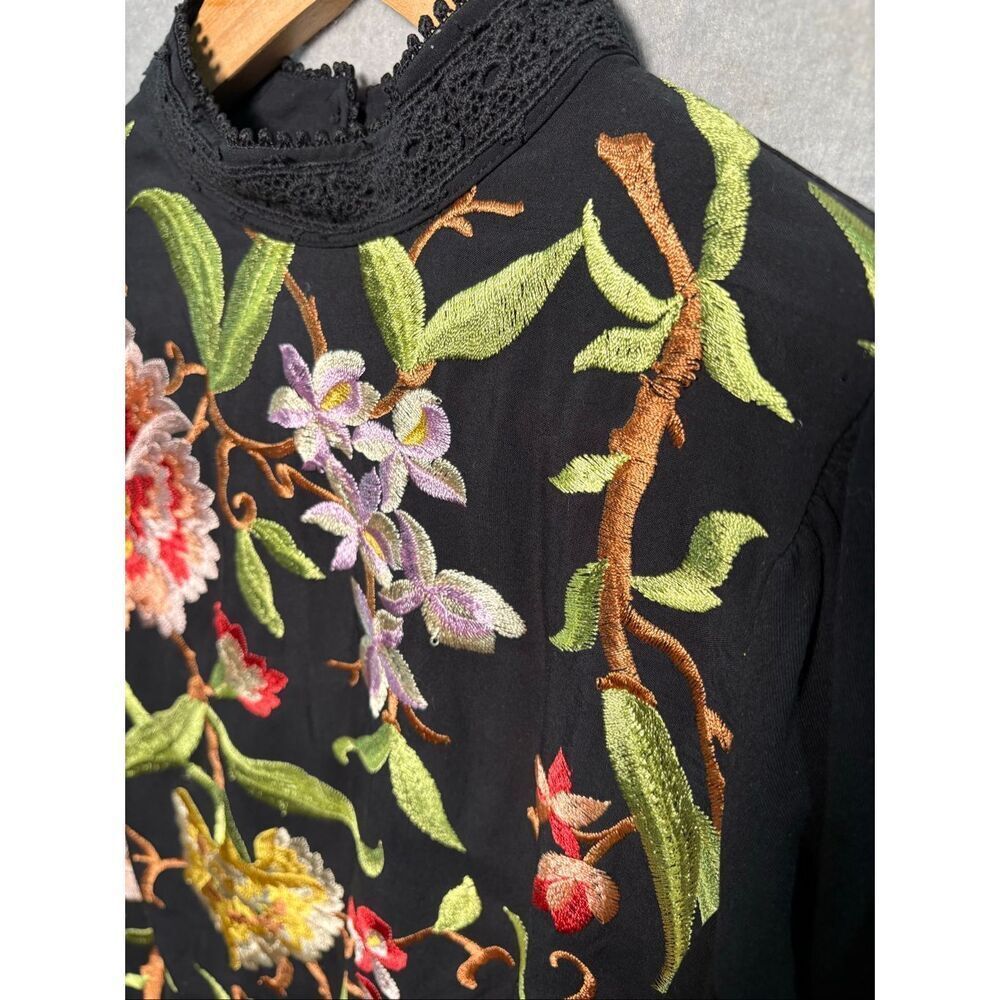 Anthropologie Tiny XS Embroidered Floral Blouse Black Mock Neck Boho Cottagecore - Picture 4 of 11